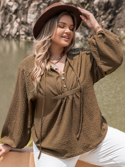 Plus Tie Neck Long Sleeve Blouse