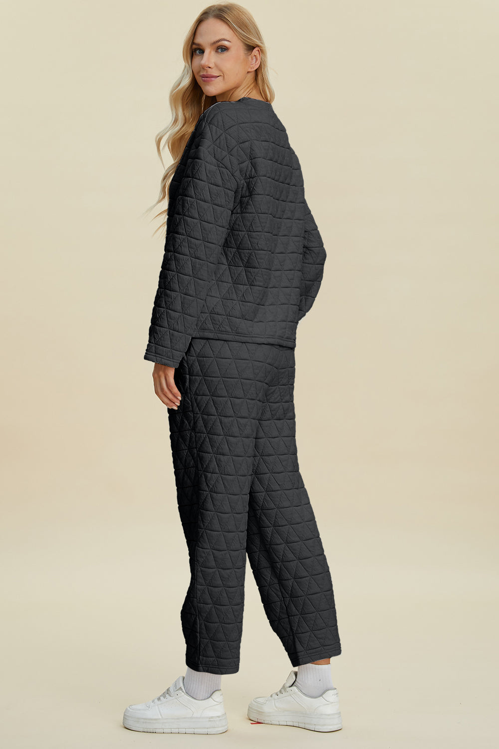 Textured Round Neck Long Sleeve Top and Pants Set