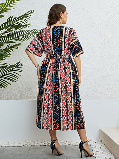 Plus Bohemian V-Neck Tie Belt Midi Dress