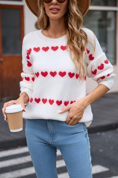 Heart Round Neck Long Sleeve Sweater