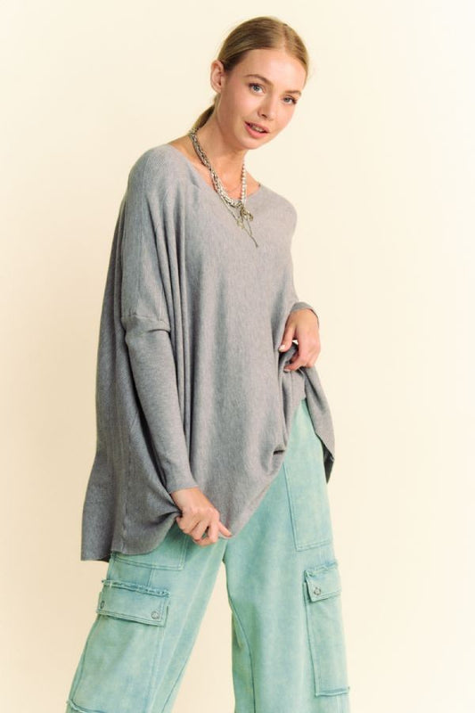 Round Neck Dropped Shoulder Long Sleeve Knit Top