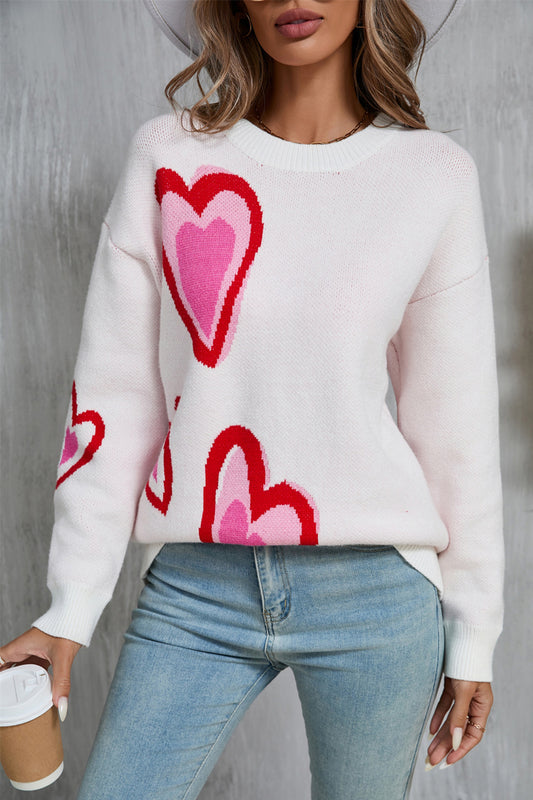 Heart Round Neck Long Sleeve Sweater