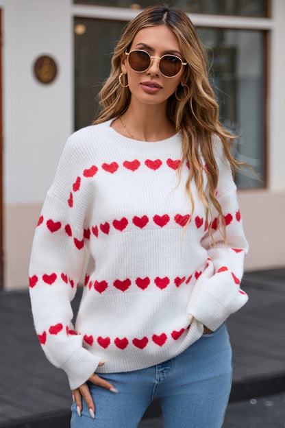 Heart Round Neck Long Sleeve Sweater