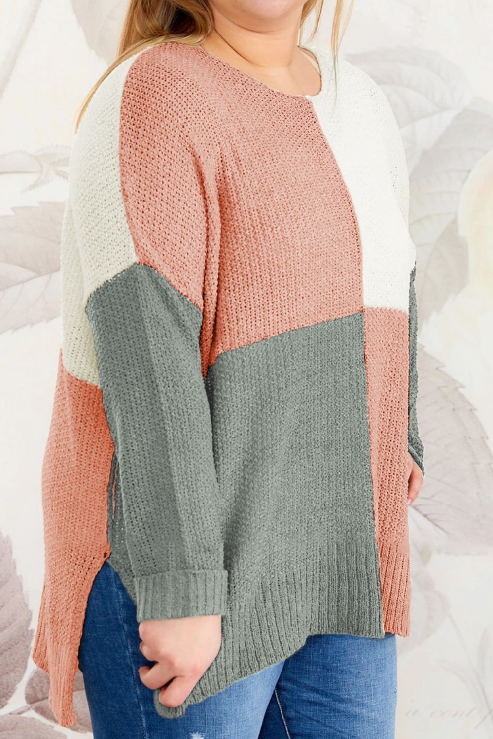 Plus Color Block Round Neck Sweater