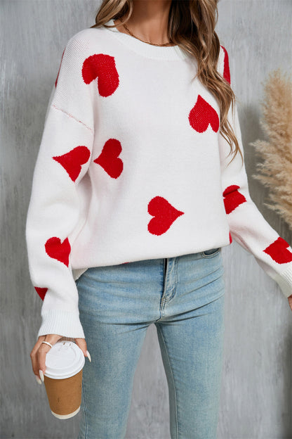 Heart Round Neck Dropped Shoulder Sweater