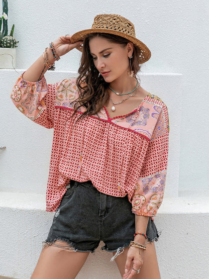Plus Print Tie Neck Balloon Sleeve Blouse