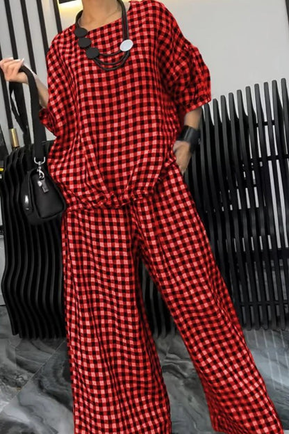 Plaid Round Neck Half Sleeve Top and Pants Set