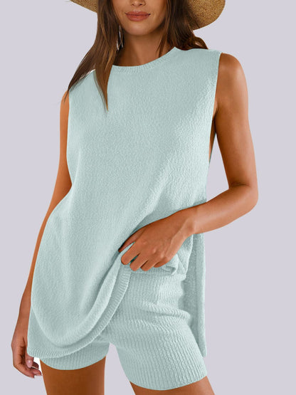 Side Slit Round Neck Tank and Shorts Sweater Set