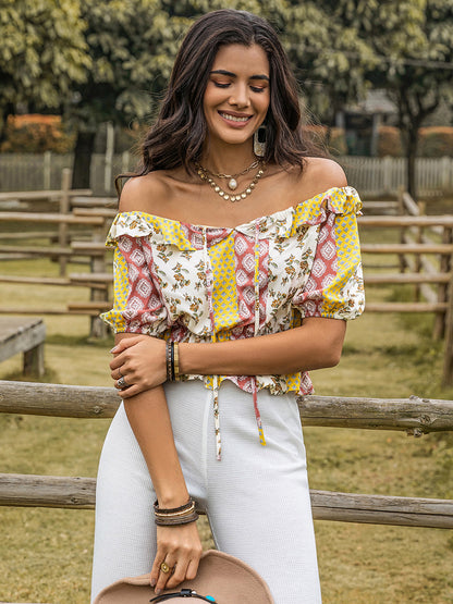 Ruffled Print Off-Shoulder Short Sleeve Blouse