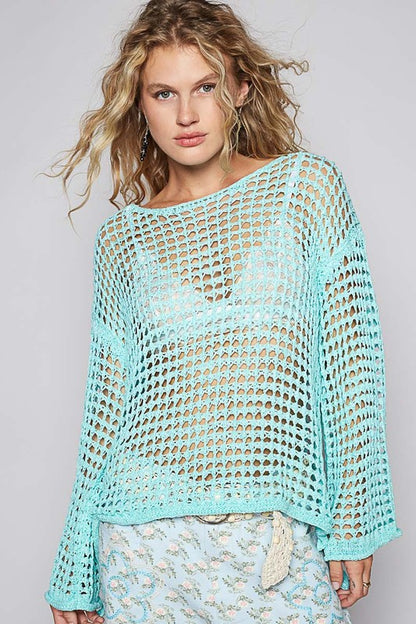 Side Slit Openwork Long Sleeve Knit Cover Up