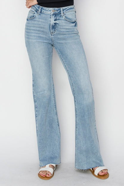 High Rise Raw Cut Hem Bootcut Jeans