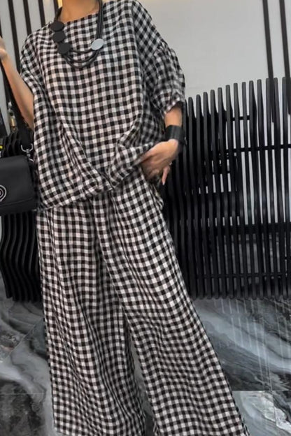 Plaid Round Neck Half Sleeve Top and Pants Set