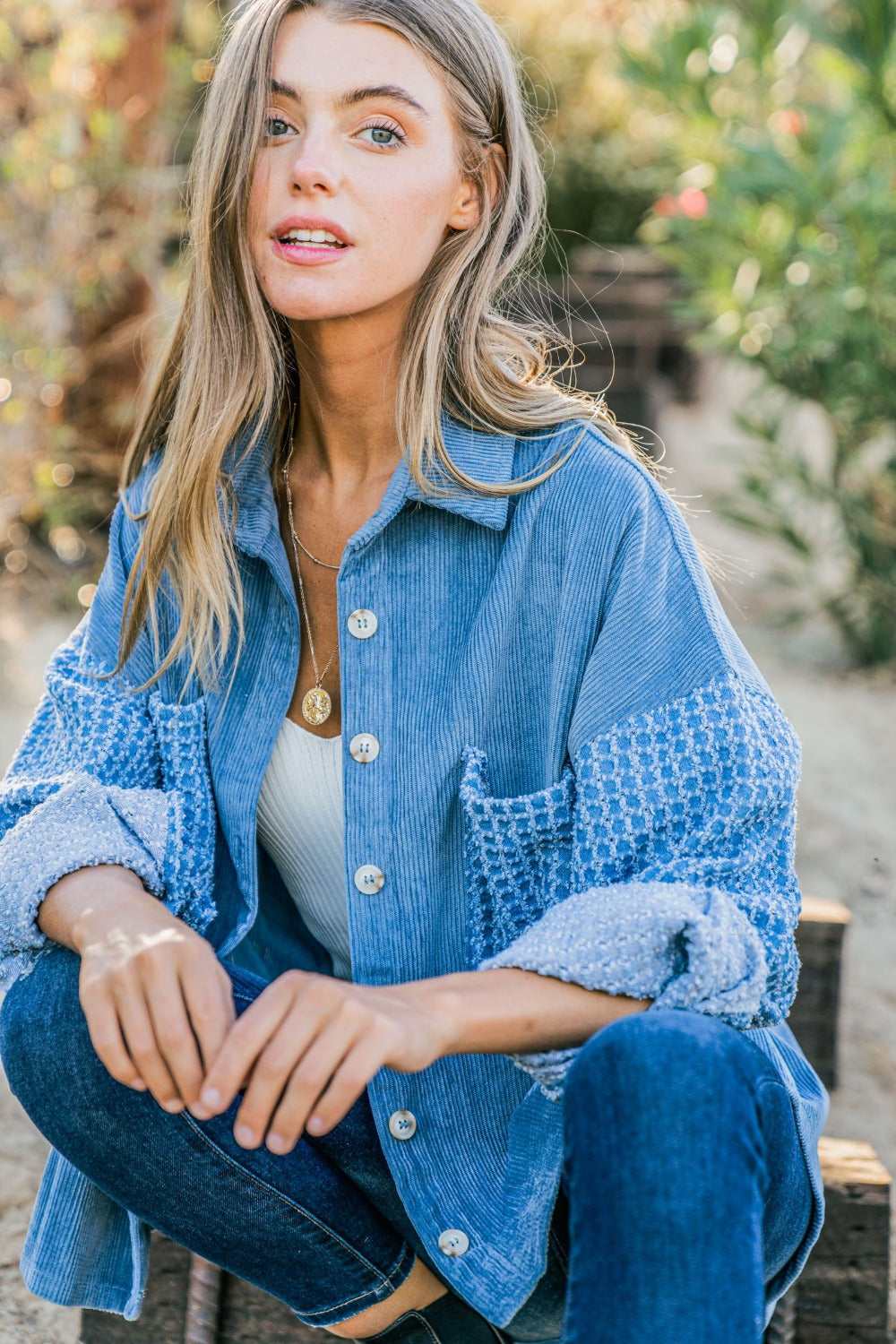 Button Down Corduroy Contrast Texture Long Sleeve "Shacket" Shirt Jacket