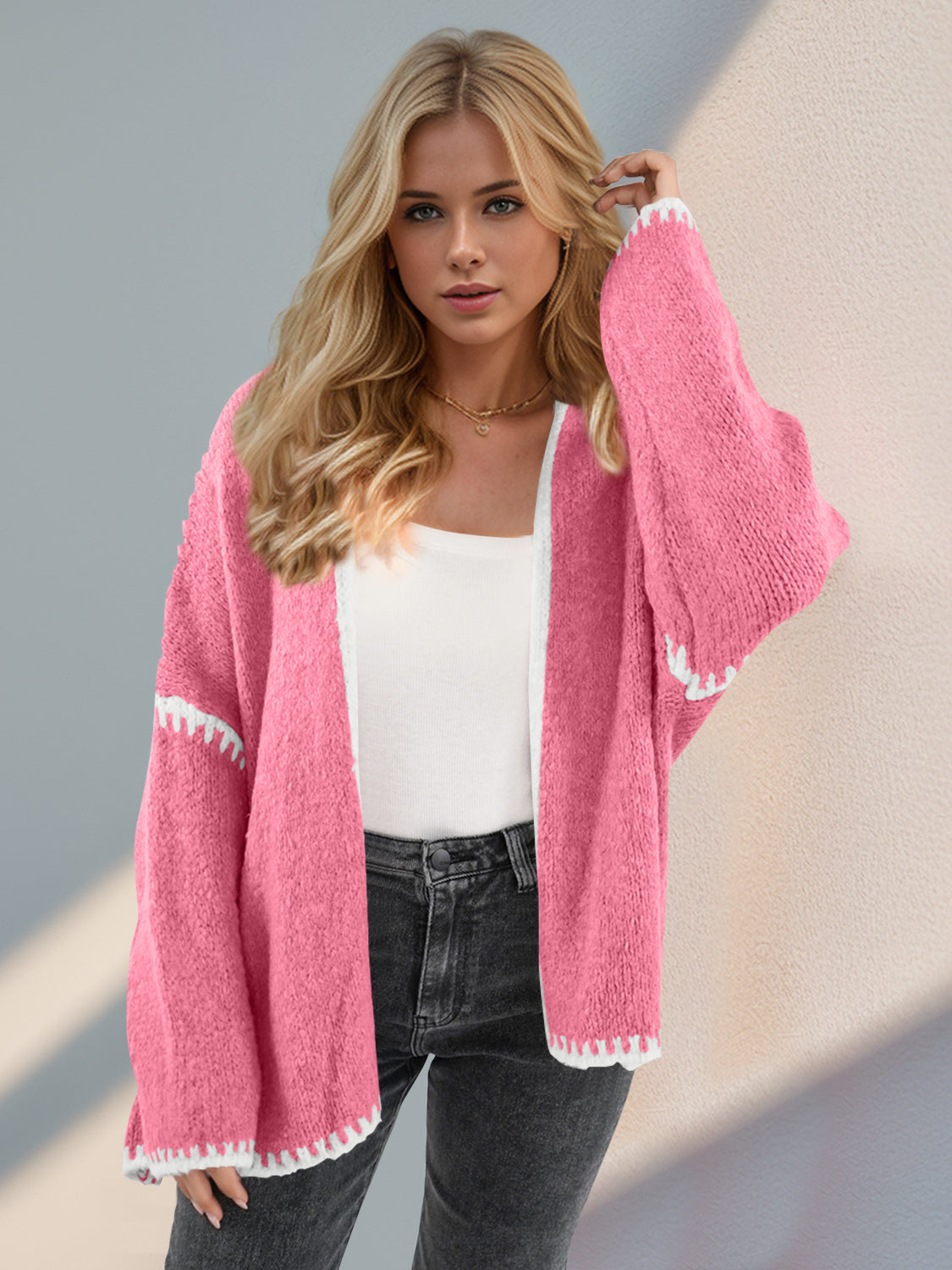 Contrast Open Front Dropped Shoulder Cardigan