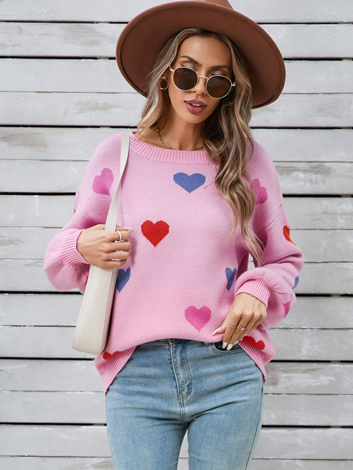 Heart Round Neck Long Sleeve Sweater