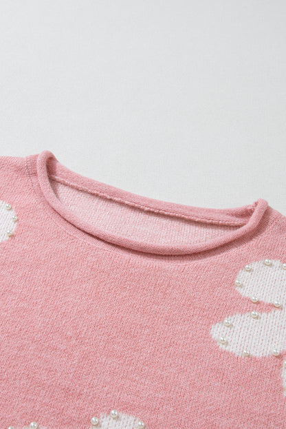 Pearl Trim Flower Round Neck Sweater