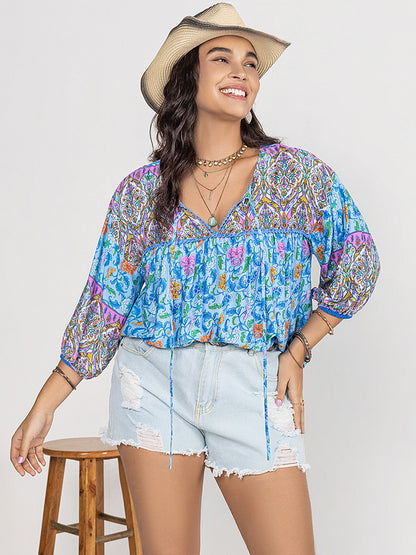 Plus Print Tie Neck Balloon Sleeve Blouse