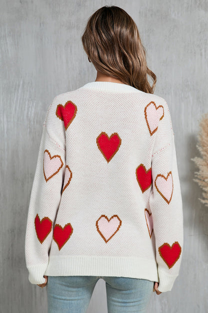 Contrast Heart Round Neck Long Sleeve Sweater