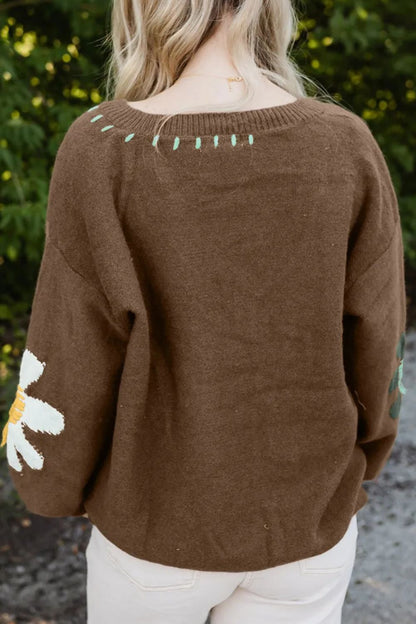 Flower V-Neck Dropped Shoulder Sweater