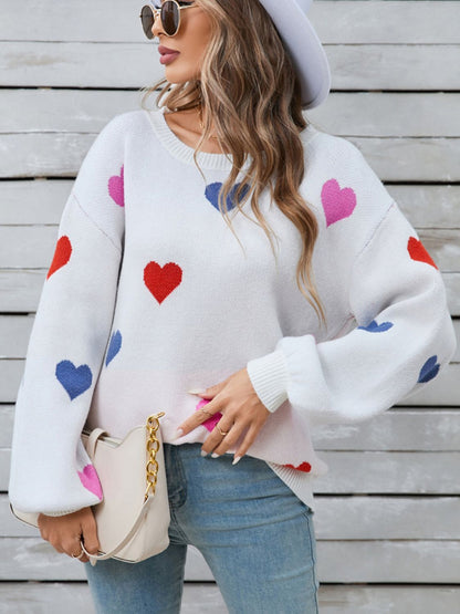 Heart Round Neck Long Sleeve Sweater