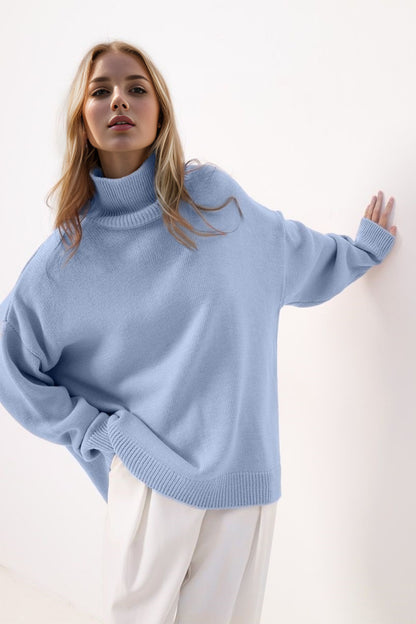 Side Slit Turtleneck Long Sleeve Sweater