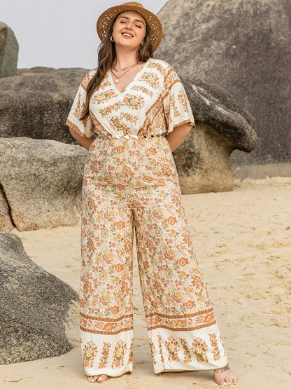 Plus V-Neck Flutter Sleeve Wide Leg Jumpsuit