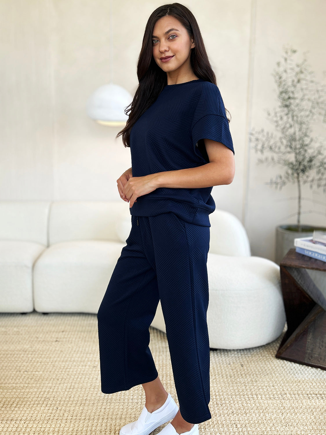 Textured Short Sleeve Top and Pants Set