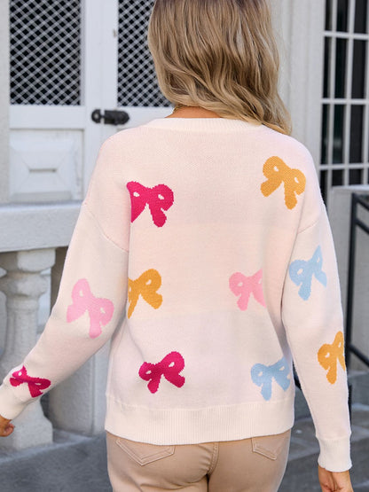 Bow Graphic Round Neck Long Sleeve Sweater