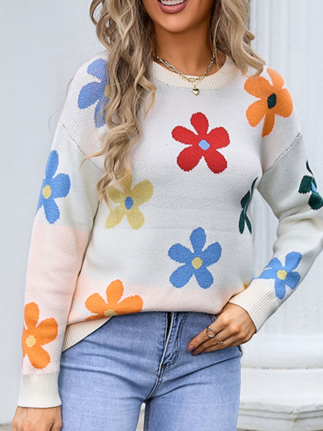 Flower Round Neck Long Sleeve Sweater