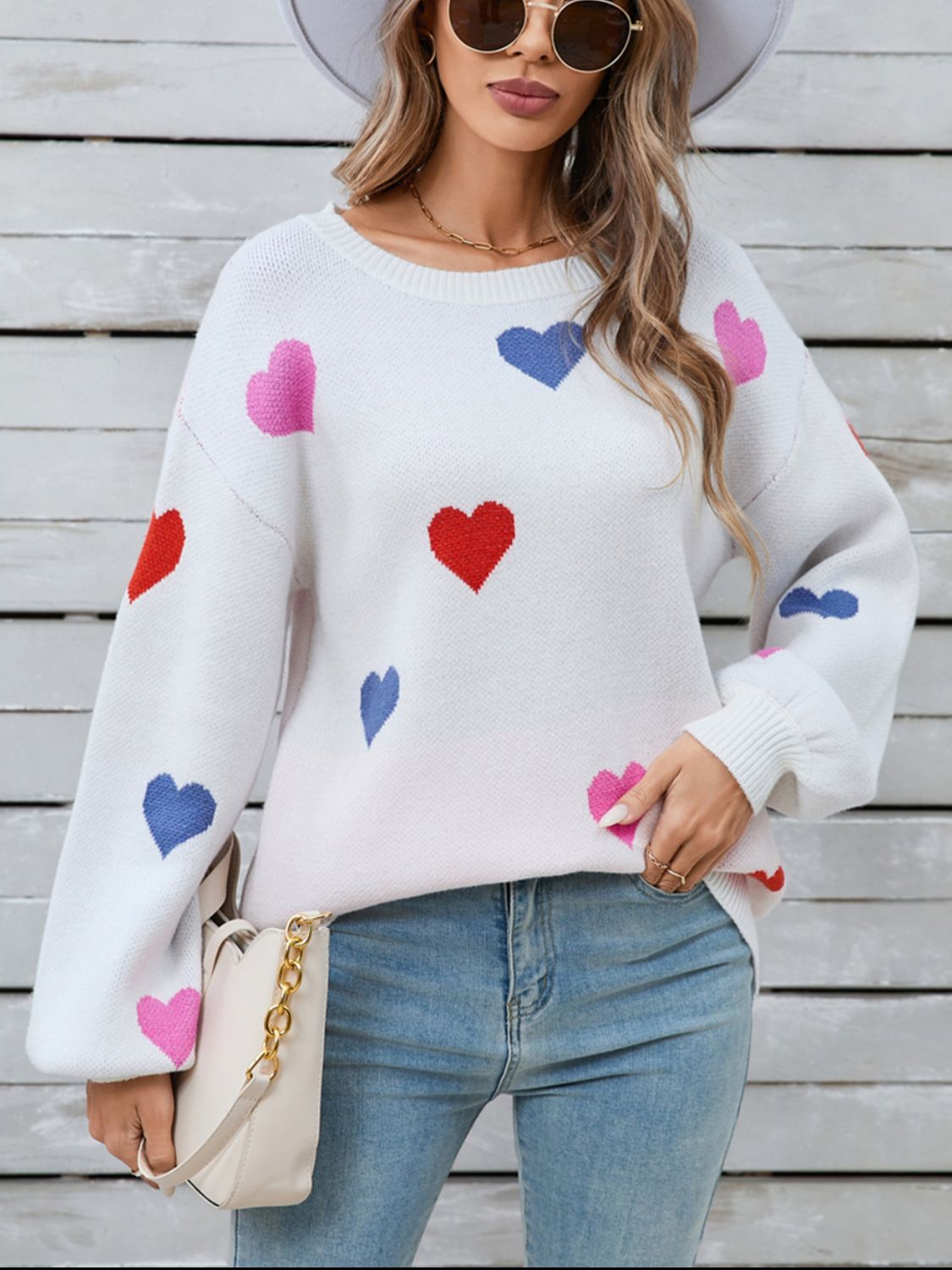 Heart Round Neck Long Sleeve Sweater