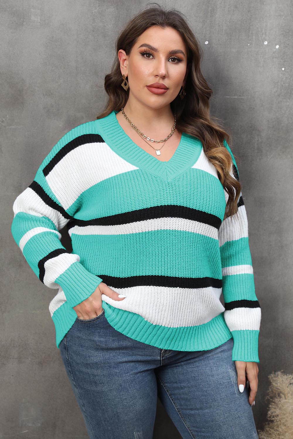 Plus Striped V-Neck Dropped Shoulder Sweater