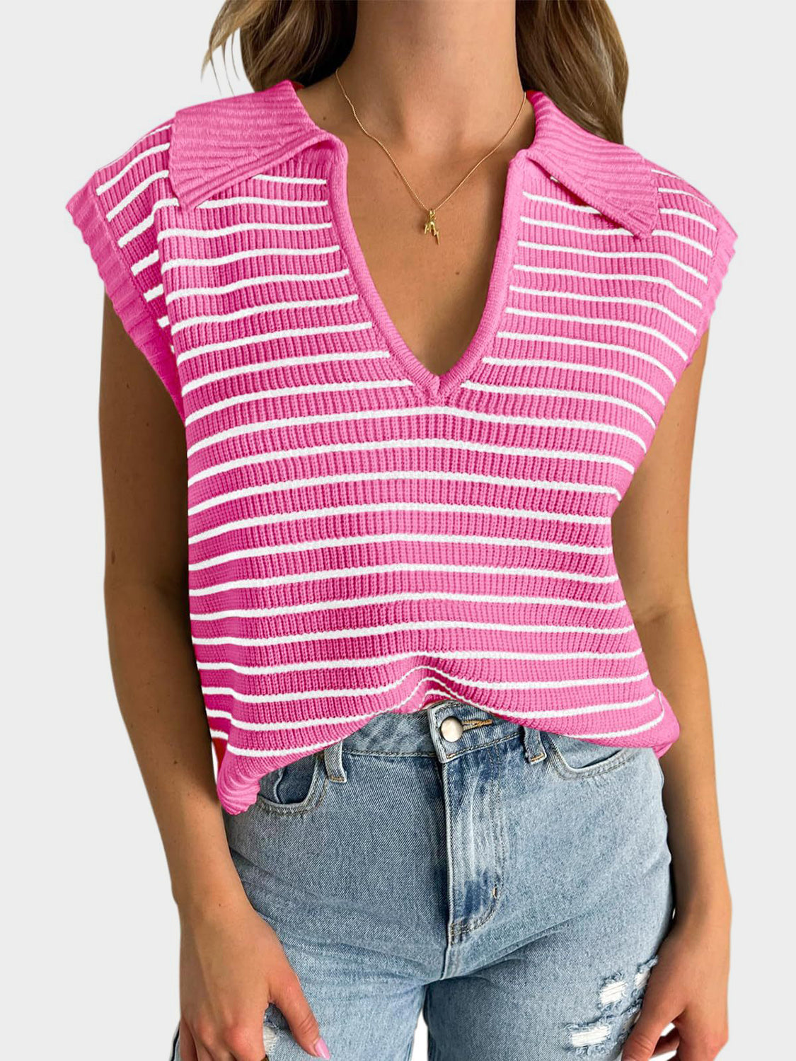 Collared Neck Striped Sweater Vest