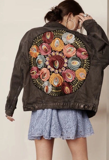 Vintage Peacock Floral Embroidered Denim Jacket