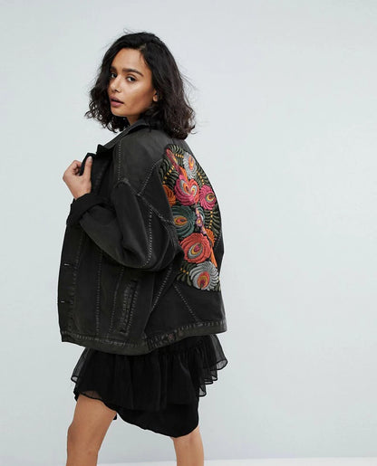 Vintage Peacock Floral Embroidered Denim Jacket