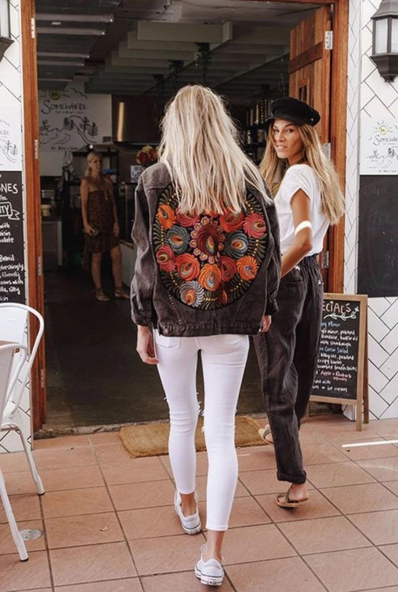 Vintage Peacock Floral Embroidered Denim Jacket