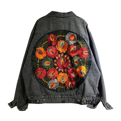 Vintage Peacock Floral Embroidered Denim Jacket