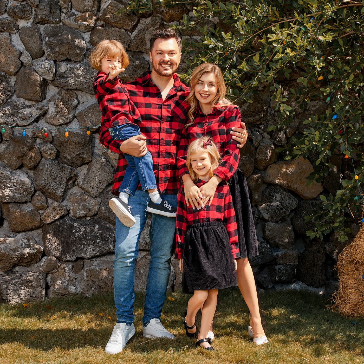 Family Matching! Red Plaid Long-Sleeve Button-Up Tops & Dresses with Mesh Skirts