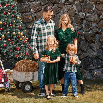Family Matching! Green Velvet Ruffle-Sleeve Dresses & Plaid Shirts