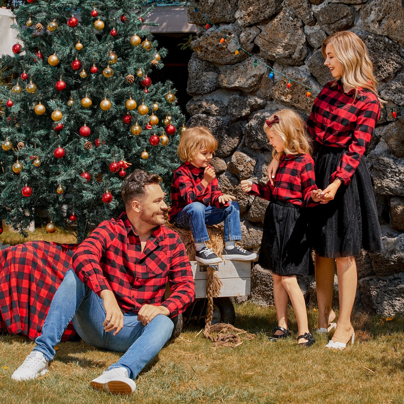 Family Matching! Red Plaid Long-Sleeve Button-Up Tops & Dresses with Mesh Skirts