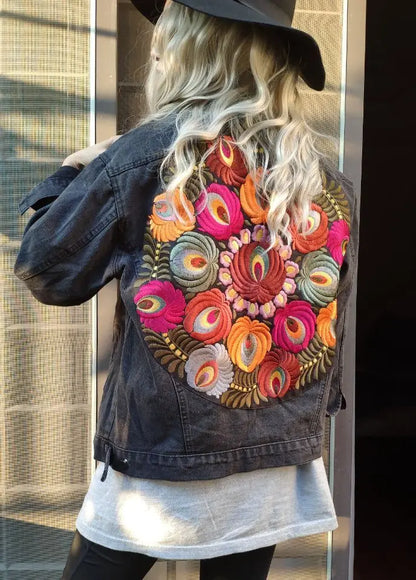 Vintage Peacock Floral Embroidered Denim Jacket