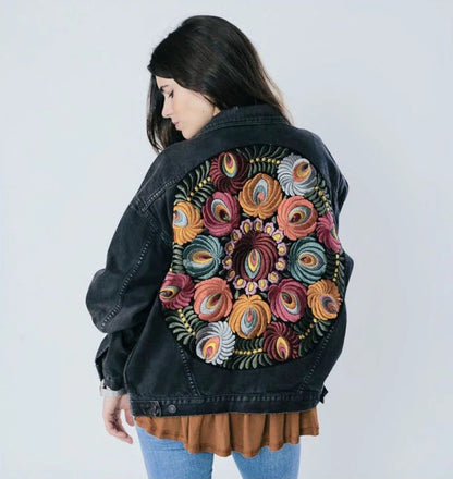 Vintage Peacock Floral Embroidered Denim Jacket