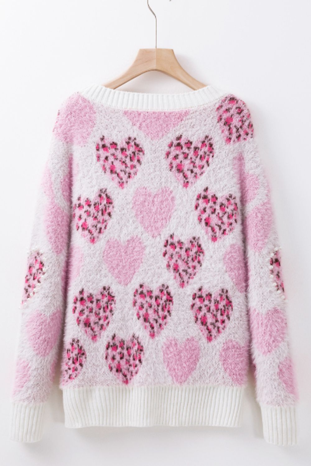 Pearl Detail Heart Round Neck Sweater