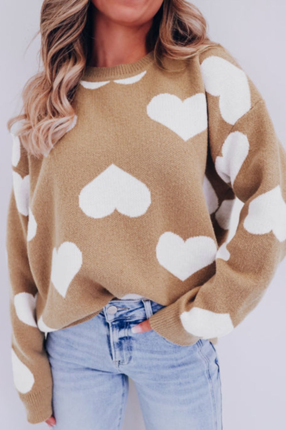 Heart Round Neck Long Sleeve Sweater