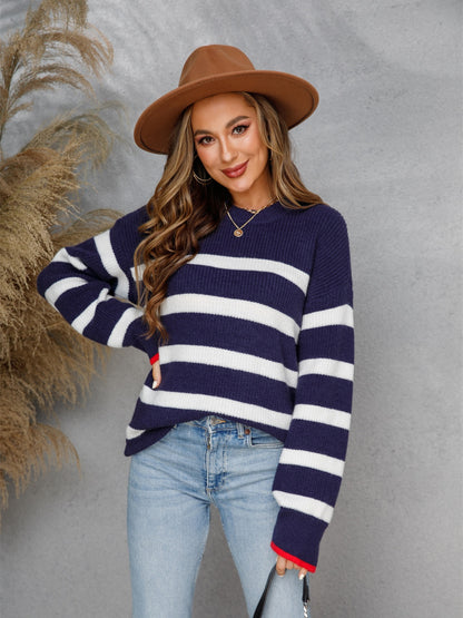 Striped Round Neck Dropped Shoulder Sweater