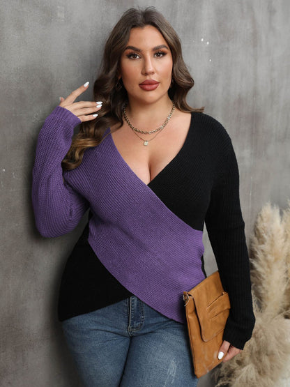 Plus Two-Tone Surplice Neck Sweater