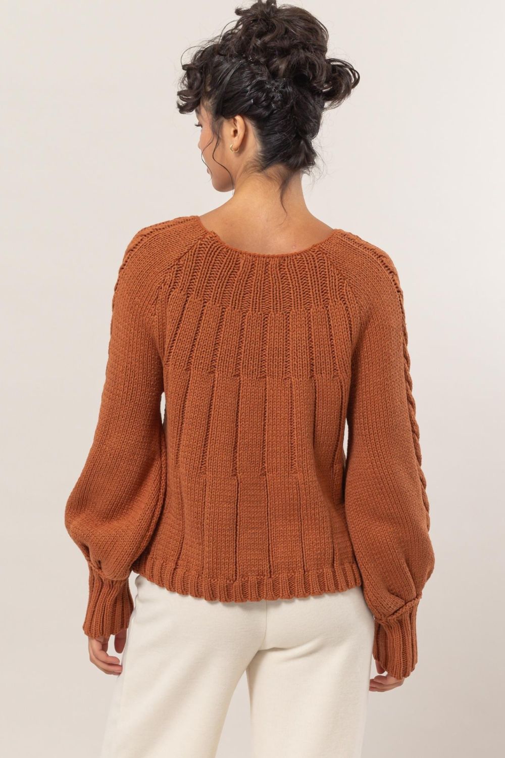 Cable-Knit Round Neck Raglan Sleeve Sweater