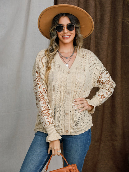 Eyelet Button Up Lantern Sleeve Cardigan