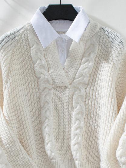 Cable-Knit Collared Neck Faux Layered Sweater