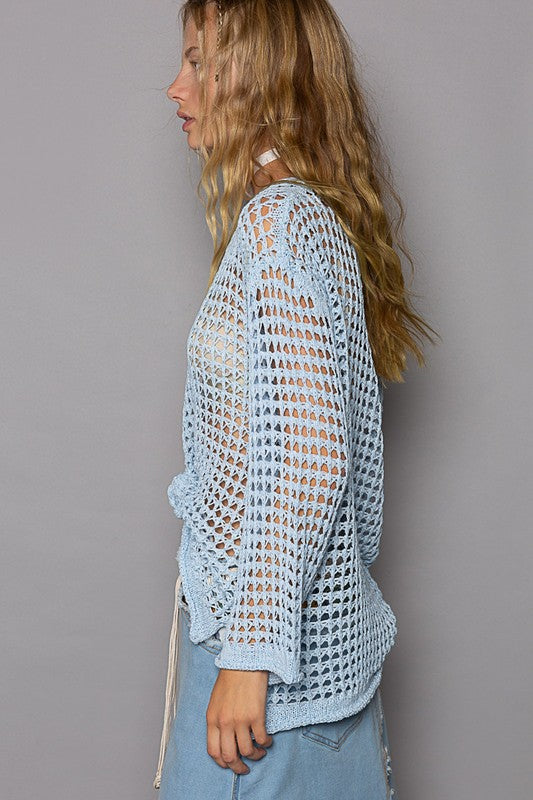 Side Slit Openwork Long Sleeve Knit Cover Up