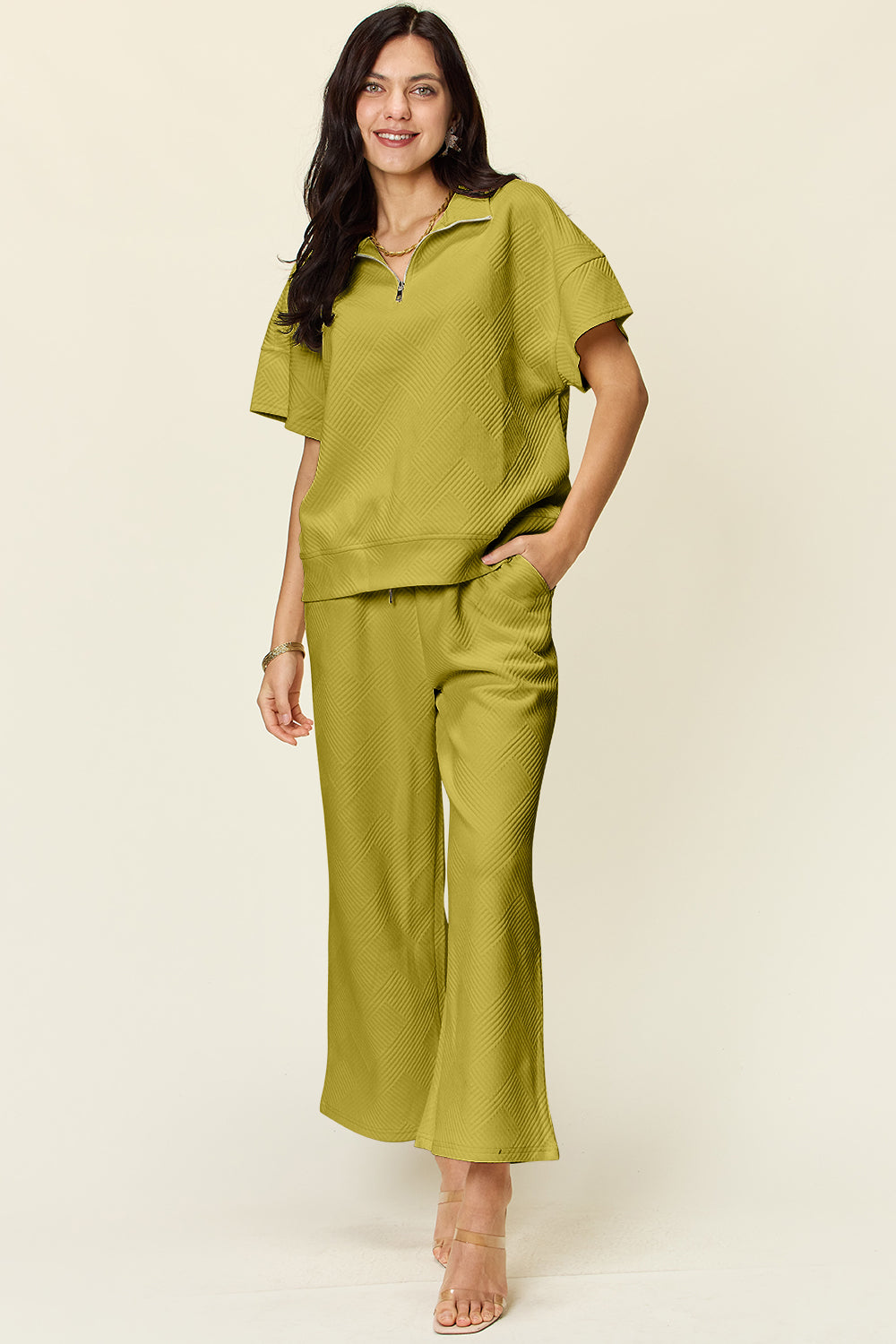 Textured Half Zip Short Sleeve Top and Pants Set